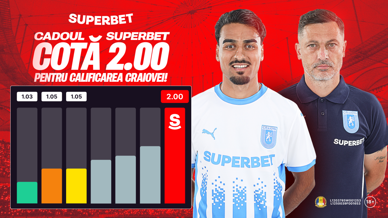 (P) Cadoul Superbet: Cotă 2.00 în loc de 1.04 pentru calificarea Universității Craiova!