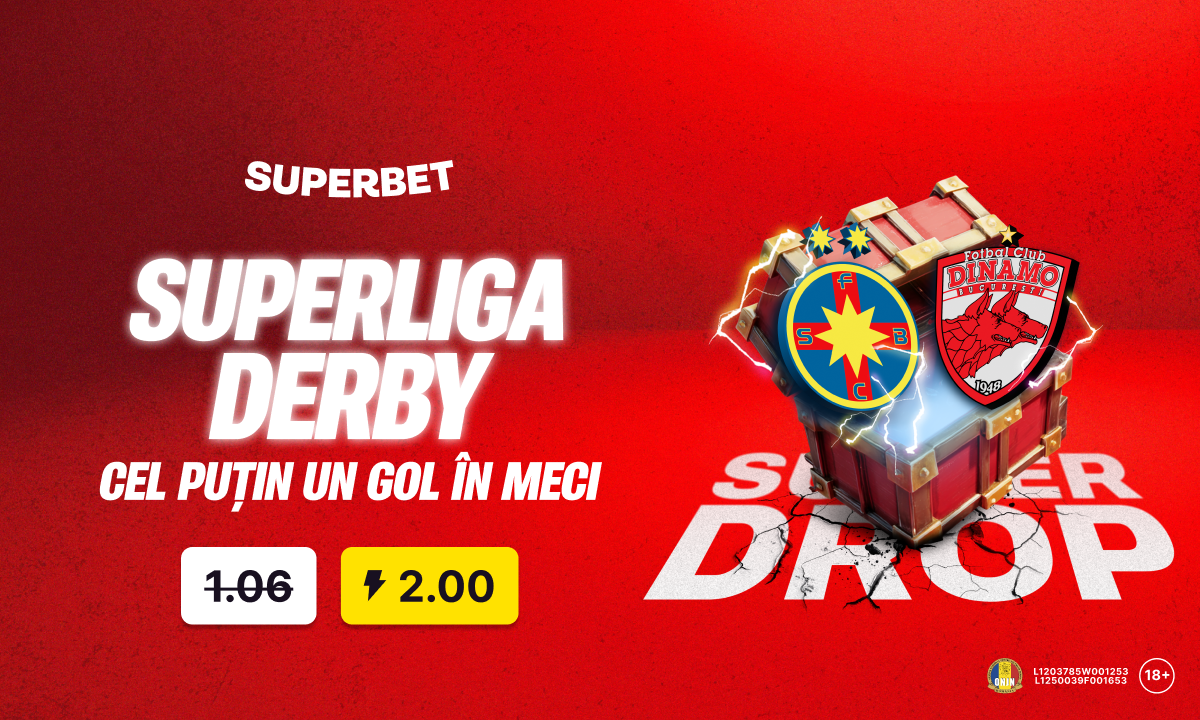 ADVERTORIAL. Super Drop marca Superbet la Marele Derby: cotă 2.00 pentru un gol marcat!