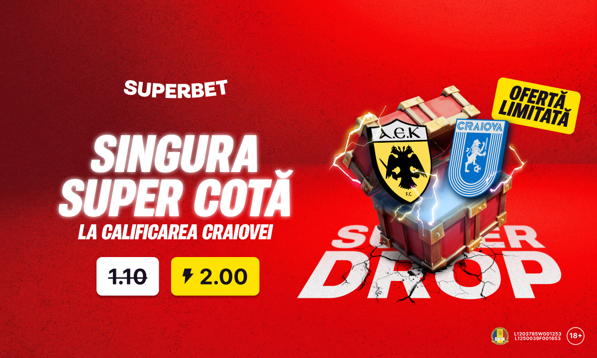 Advertorial. Super Drop într-o zi mare pentru Universitatea Craiova: cotă 2.00 pe Superbet pentru calificare!