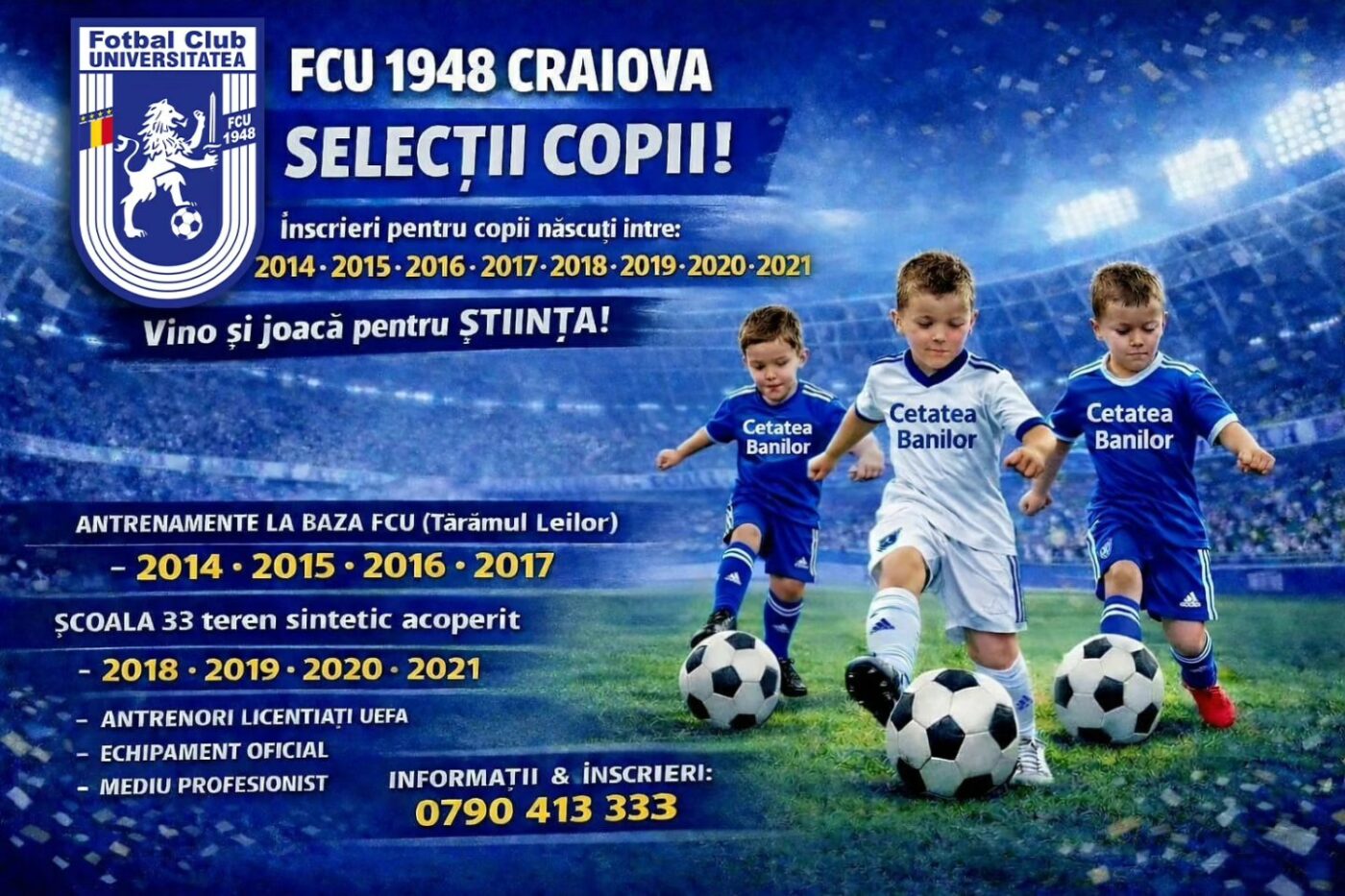 Adrian Mititelu nu cedează. Selecții în Bănie pentru copiii care vor să joace la clubul alb-albaștrilor FCU 1948 Craiova