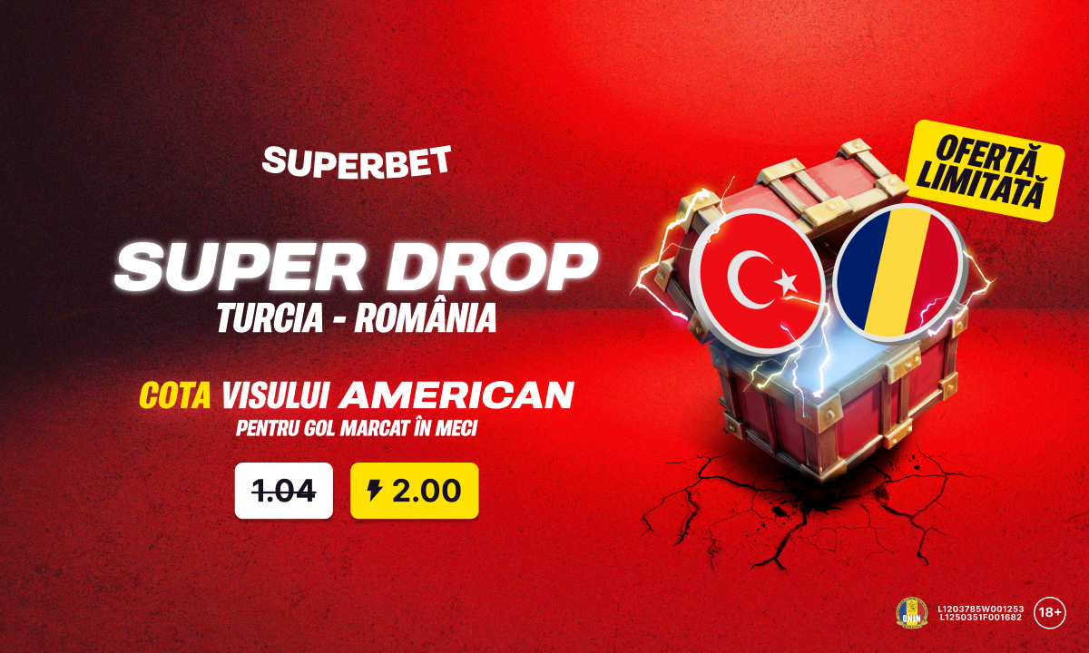 Advertorial. Super Drop marca Superbet: cotă 2.00 pe gol marcat în Turcia – România!