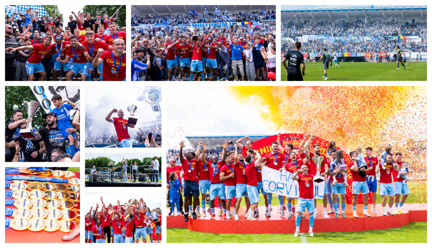 Corvinul, a noua campioană în Liga 2 care primește trofeul competiției! N-a câștigat la ultimul joc oficial disputat pe bătrânul stadion din Hunedoara, dar l-a umplut de bucurie!