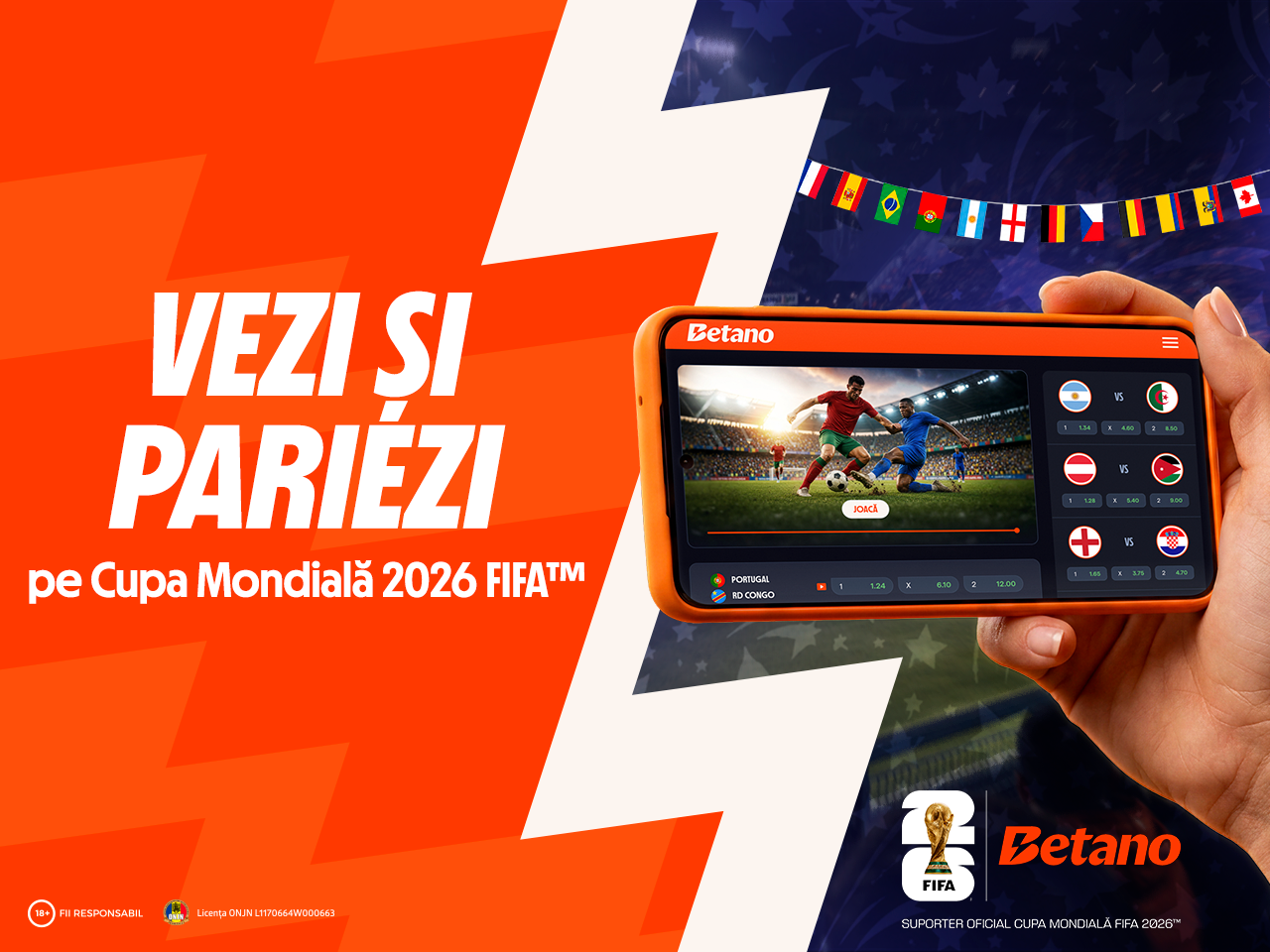 (P) Fotbal în direct pe Betano: Cupa Mondială FIFA 2026™, livestreaming, program meciuri, statistici și pariuri live
