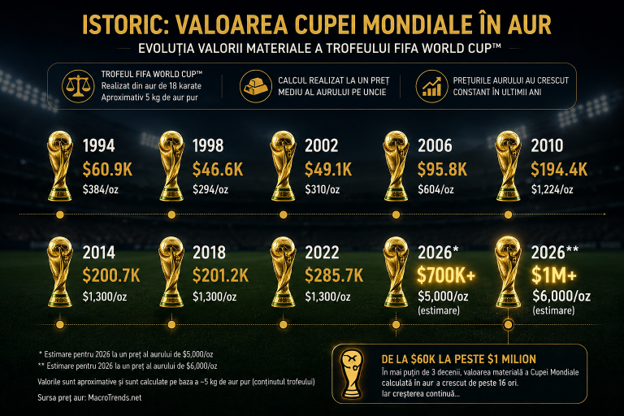 ADVERTORIAL. Cât valorează Cupa Mondială în 2026 ca valoare în aur