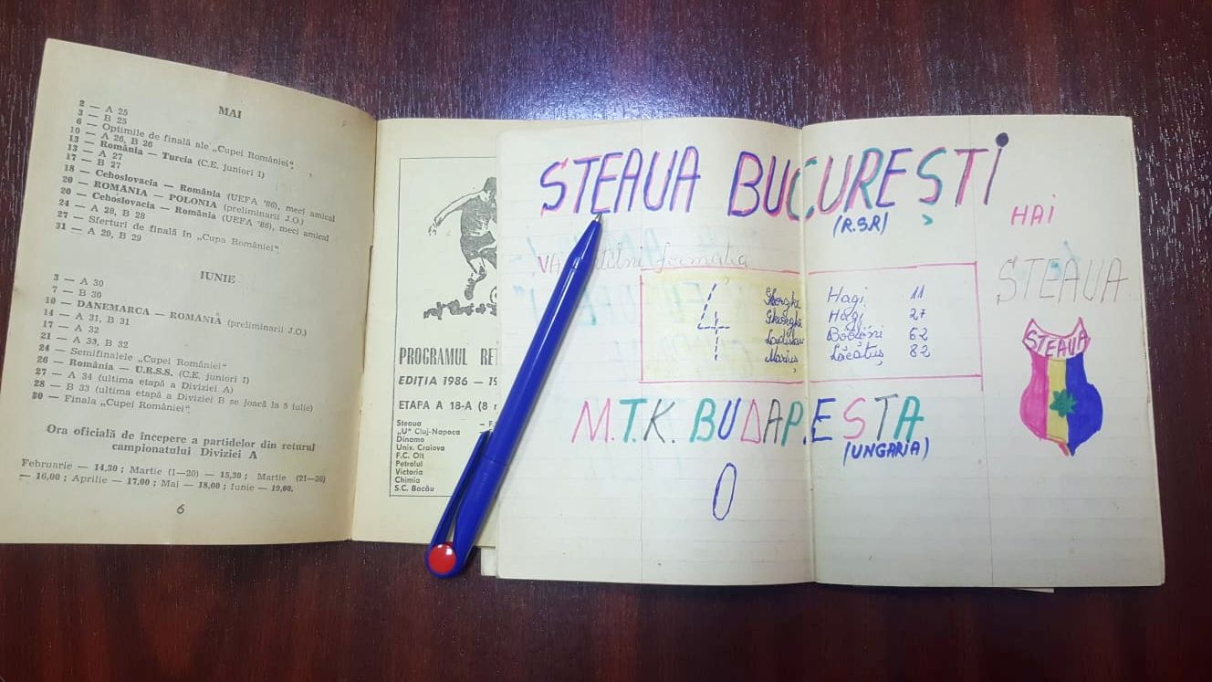 Așa arăta agenda lui Florin Talpan după meciul dintre Steaua și MTK Budapesta, din sezonul 1987-1988. În dreapta imaginii se poate observa sigla Stelei desenată chiar de cel care avea să o recupereze 30 de ani mai târziu