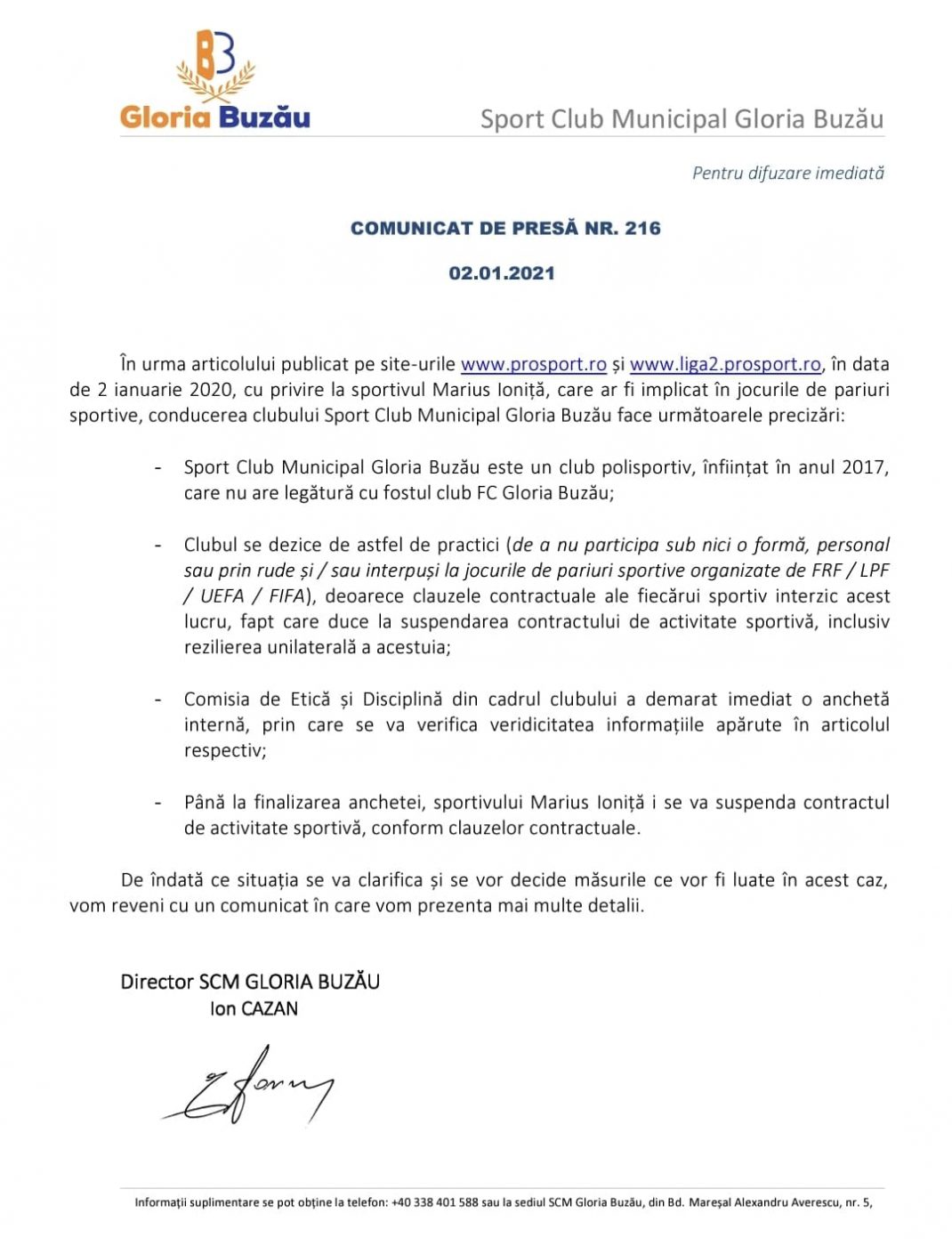 gloria buzau masuri drastice marius ionita jucator parior