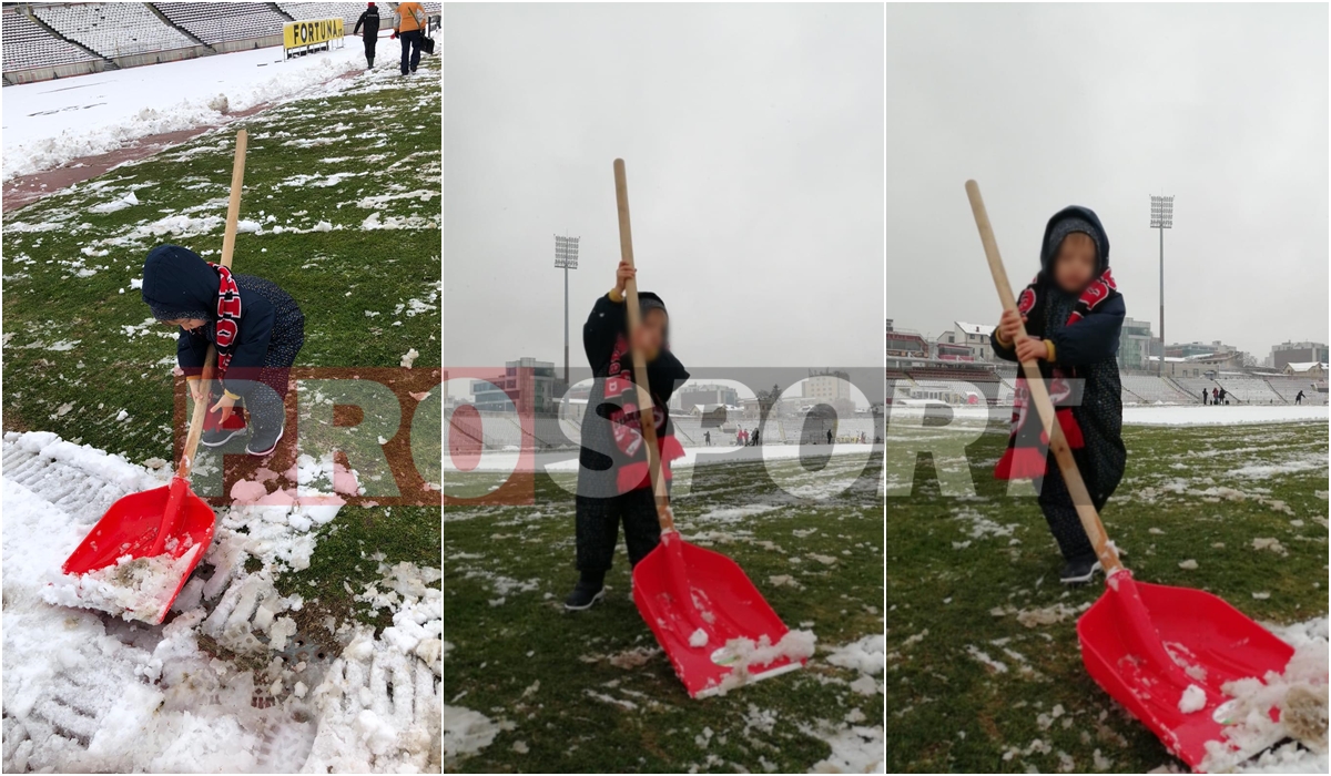Imagini emoționante înainte de Dinamo – Gaz Metan! DDB a chemat suporterii să dea zăpada de pe terenul din „Ștefan cel Mare”! Și cei mai mici au pus umărul la treabă | FOTO EXCLUSIV