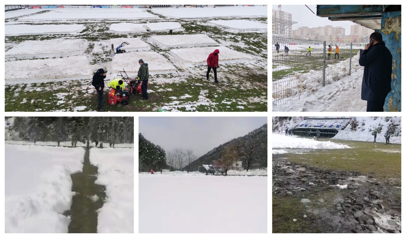 FOTO și VIDEO | Două meciuri din Liga 3, de la Brașov și Rășinari, amânate pentru o zi, din cauza faptului că organizatorii n-au făcut față zăpezii