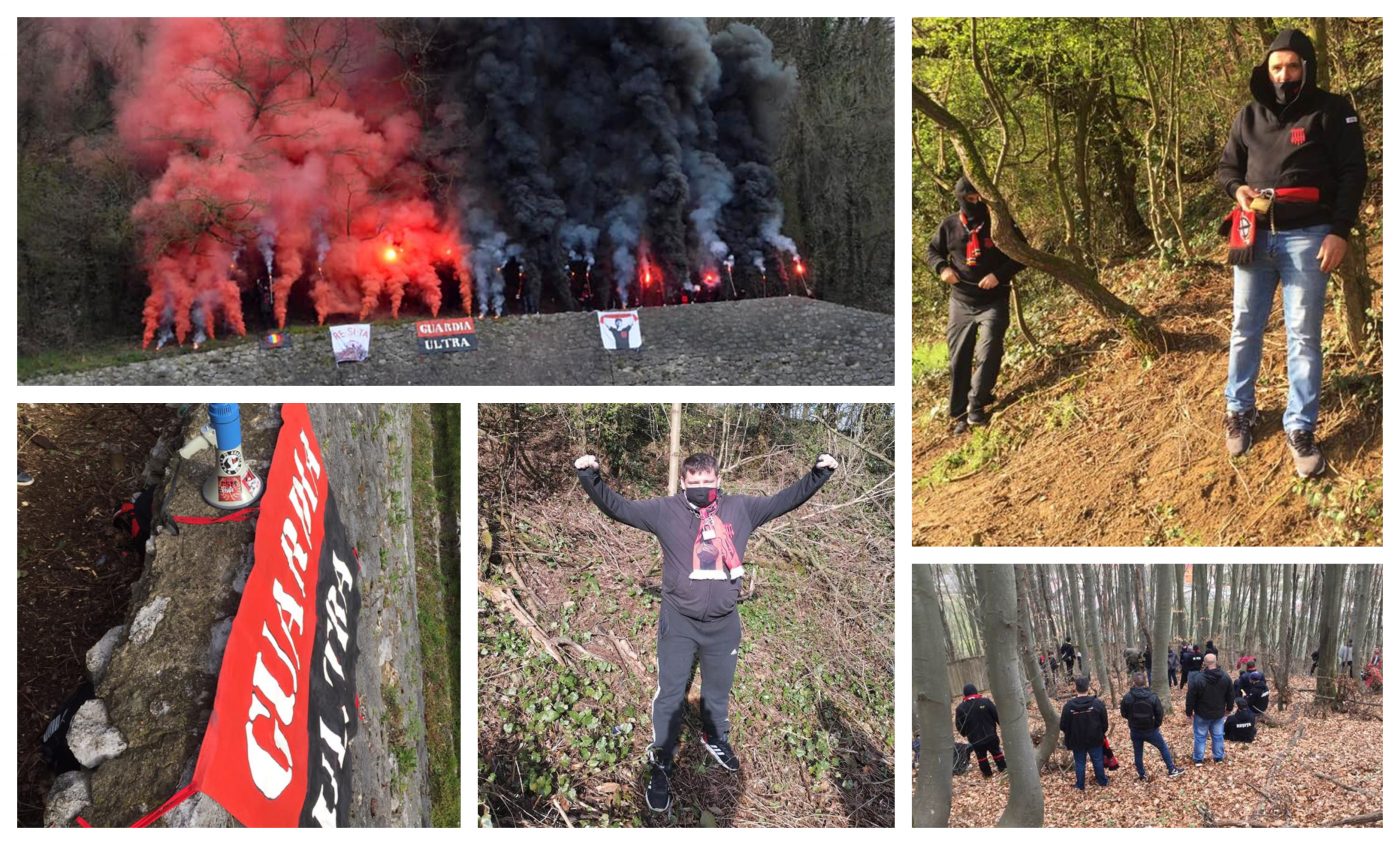 FOTO | Suporterii Reșiței, protest inedit față de o decizie a Jandarmeriei! S-au legat cu lanțuri de copaci pe dealul de lângă stadion: ”Pentru a pleca de aici e nevoie de un flex, ori de o drujbă”
