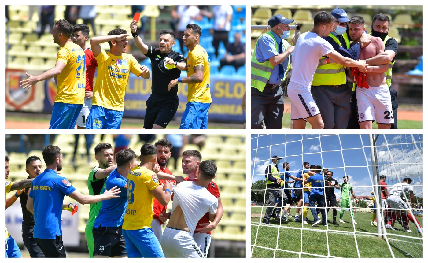 Au fost momente tensionate la Slobozia, în prelungirile barajului cu Recea, după marcarea golului care a decis cine rămâne în Liga 2 și retrogradează în Liga 3. Arbitrul a arătat patru cartonașe roșii