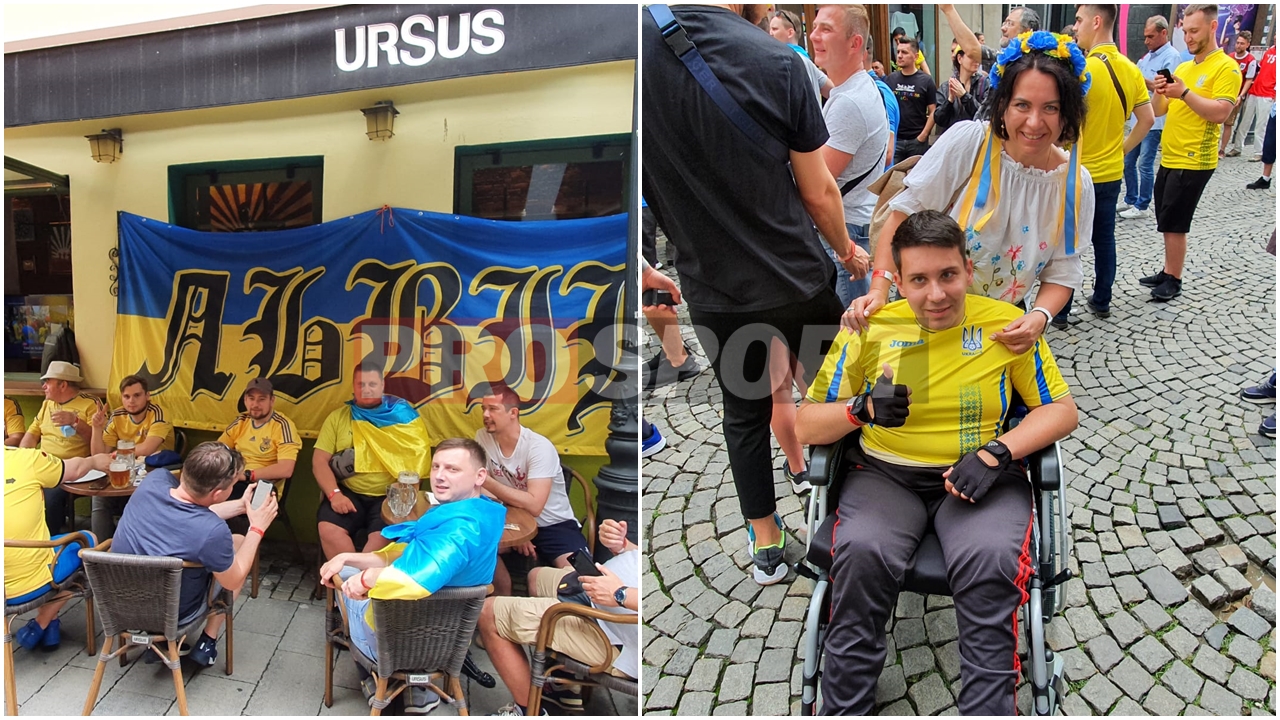 Imagini emoționante din Centrul Vechi înainte de Ucraina – Austria! Un suporter în scaun cu rotile a venit la București să își susțină favoriții! Spectacol făcut de cele două galerii | FOTO & VIDEO