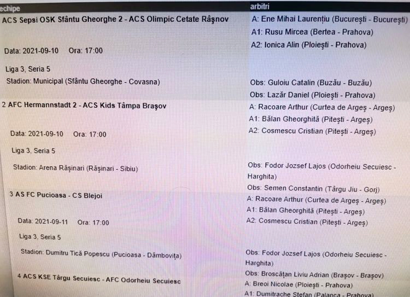 Gafă incredibilă făcută de CCA! Arbitrul Răcoare, doi asistenți și observatorul Fodor, delegați de două ori în aceeași etapă, în aceeași serie din Liga 3! Cum s-a rezolvat problema