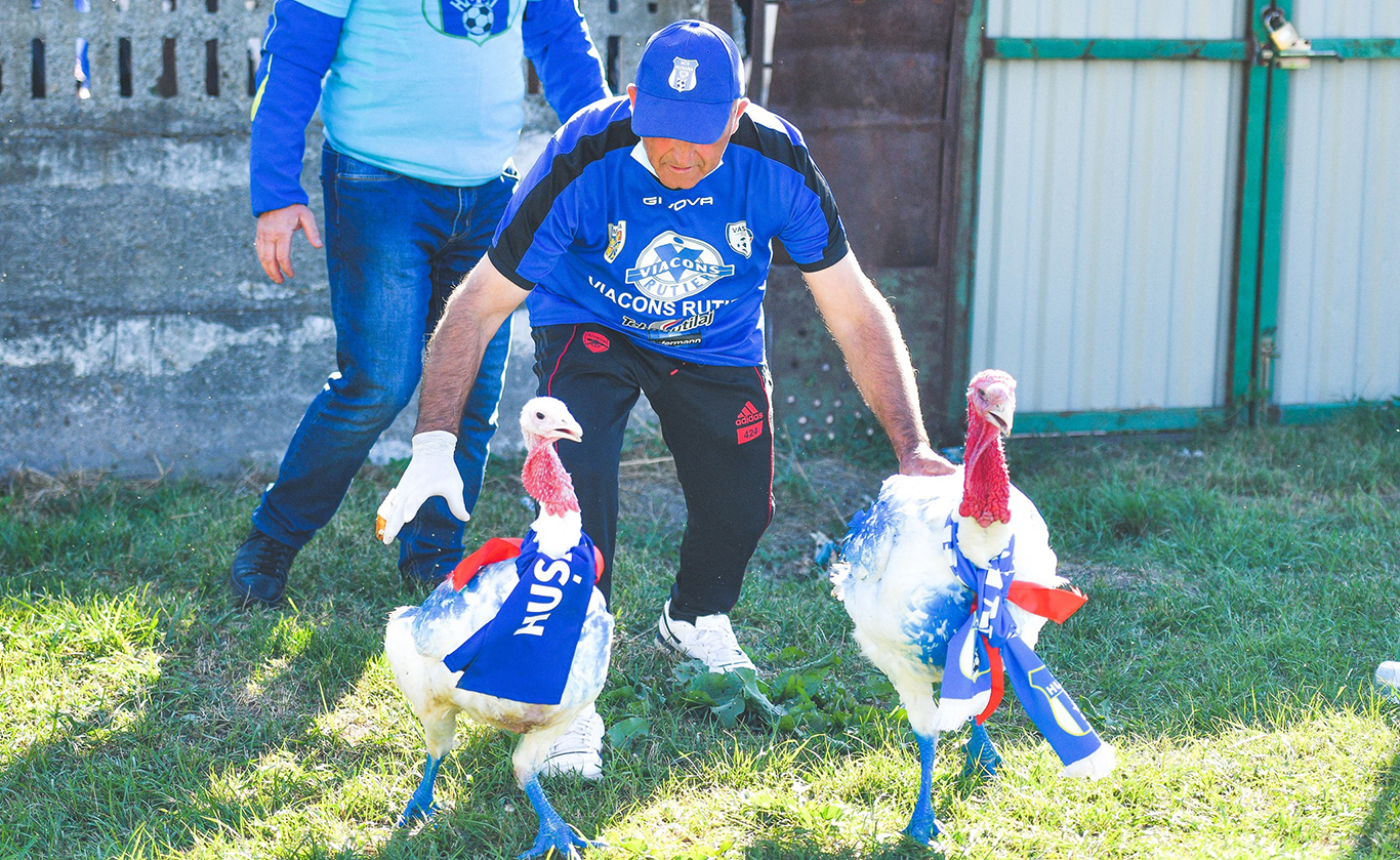 Senzație | O echipă din Liga 3 are mascote doi curcani! Cele două păsări au purtat noroc clubului la primul meci în care au fost aduse la stadion | VIDEO