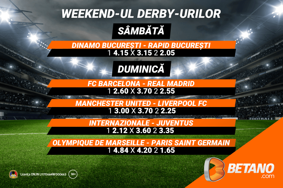 ADVERTORIAL | Weekend-ul derby-urilor pe Betano! Vino să vezi ce șanse au favoriții tăi