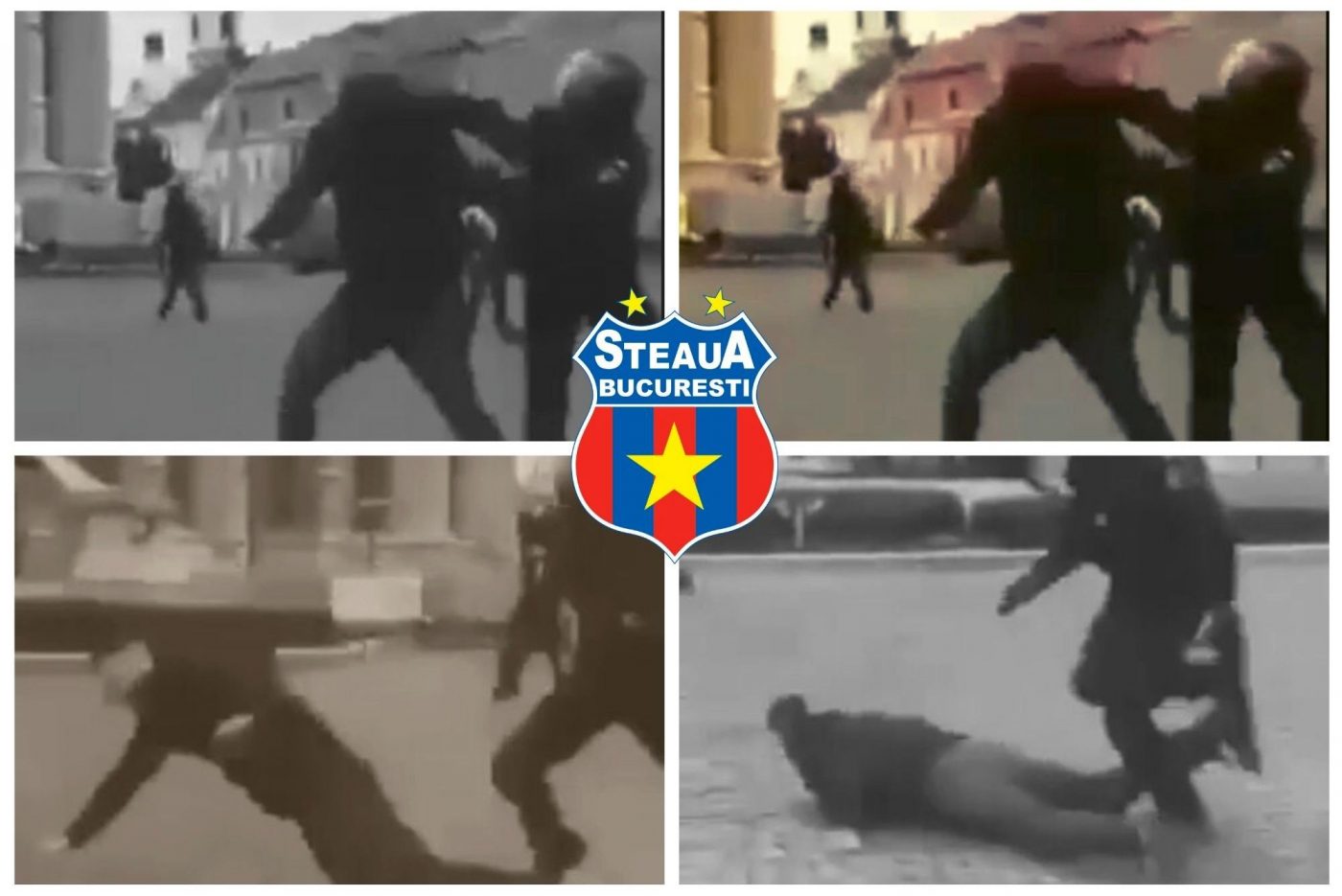 Imagini șocante: un jandarm îi dă un pumn unui suporter de la CSA Steaua, în mijlocul Clujului, și îl face K.O.! VIDEO