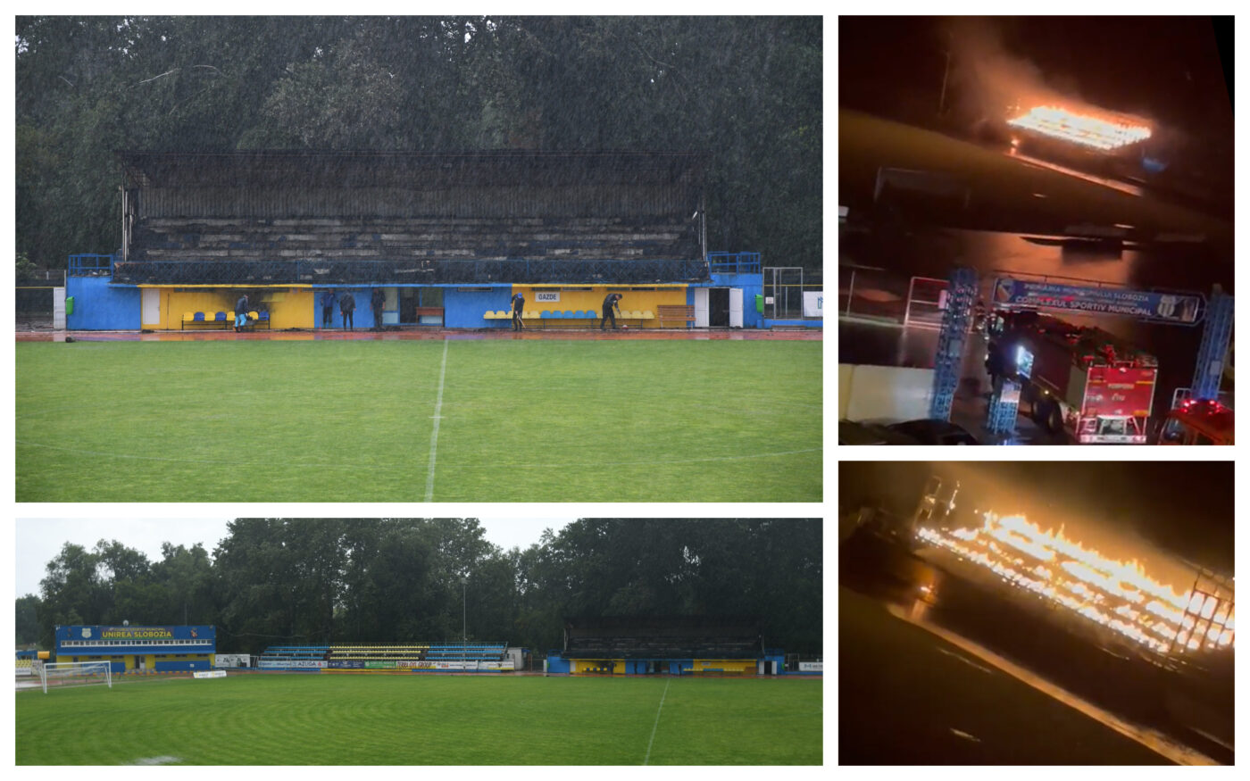 VIDEO | Tribuna stadionului 1 Mai din Slobozia, mistuită de flăcări după un incendiu declanșat de un fulger, în noaptea dinaintea meciului Unirea Slobozia – FK Miercurea Ciuc