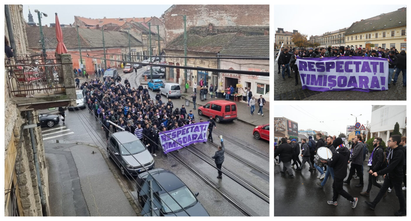 Suporterii poliști au cerut respect pentru Timișoara. Marș înainte de derby-ul cu Ripensia. ”Vrem stadion nou, vrem sală nouă de sport, vrem bazin de înot, vrem tot ce e normal”