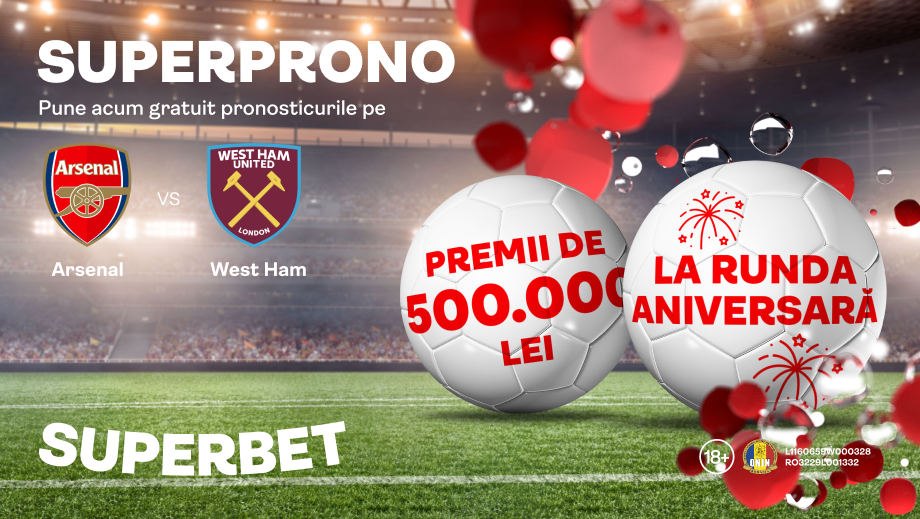 Ediție aniversară SuperProno! Runda 200 are în focus meciul Arsenal – West Ham și premii de 500.000 de lei