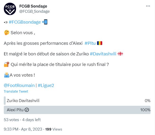 Toți fanii lui Bordeaux vor ca Alexi Pitu să continue ca titular. Sursa foto: Twitter @FCGB_Sondage