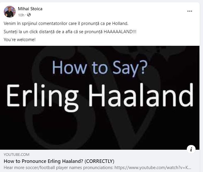 Mihai Stoica i-a ironizat pe comentatorii români care se chinuie să îi pronunțe numele lui Haaland ca în Norvegia