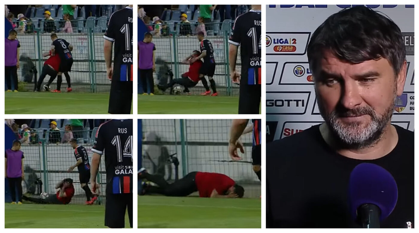 Imagini fabuloase cu Adrian Mihalcea. Antrenorul Gloriei Buzău a simulat o lovitură primită de la Ionuț Neagu și s-a tăvălit pe jos în prelungirile meciului cu SC Oțelul. Arbitrul n-a gustat teatrul și l-a eliminat