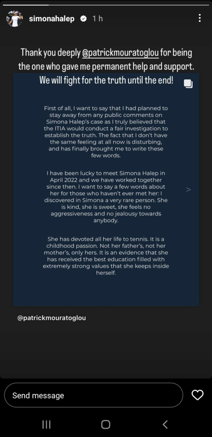 Simona Halep, recunoscătoare după ce Patrick Mouratoglou a sărit în sprijinul ei și a atacat ITIA