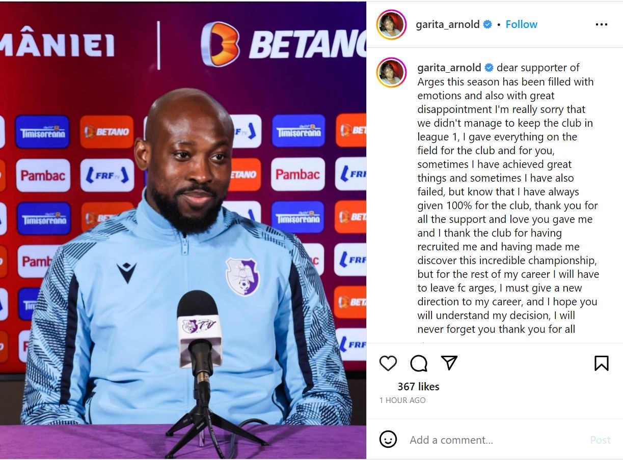 Arnold Garita și-a anunțat plecarea de la FC Argeș pe pagina sa de Instagram