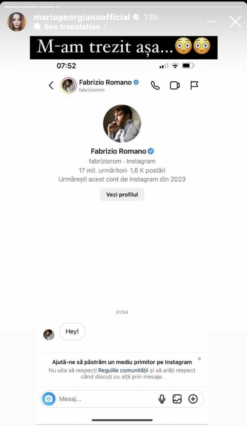Maria Georgiana, o creatoare de conținut din România, a fost abordată pe Instagram de celebrul jurnalist italian Fabrizio Romano