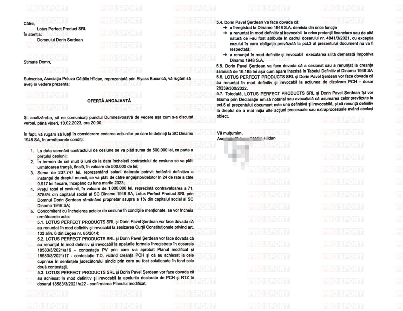 Oferta semnată de APCH care i-a fost transmisă lui Dorin Șerdean chiar în timpul negocierilor dintre Red&White și Lotus 