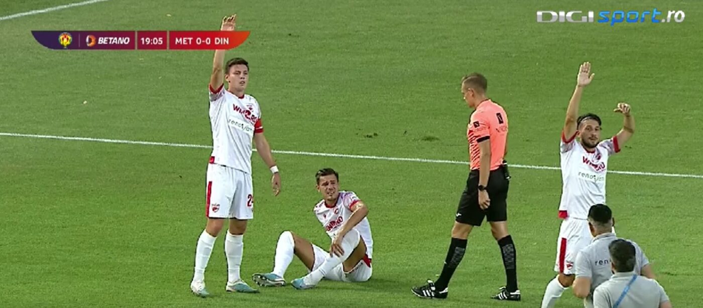Dezastru pentru Ovidiu Burcă în debutul meciului Metaloglobus – Dinamo! Ricardo Grigore s-a accidentat grav și a părăsit terenul în lacrimi | VIDEO