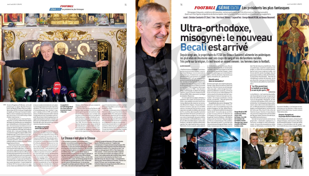 Gigi Becali, vedetă în L’Equipe: Ultra-ortodoxul misogin! Jurnaliștii francezi îi dedică două pagini patronului miliardar de la FCSB, în care îl critică pentru atitudinea împotriva femeilor: „Are un nou inamic”