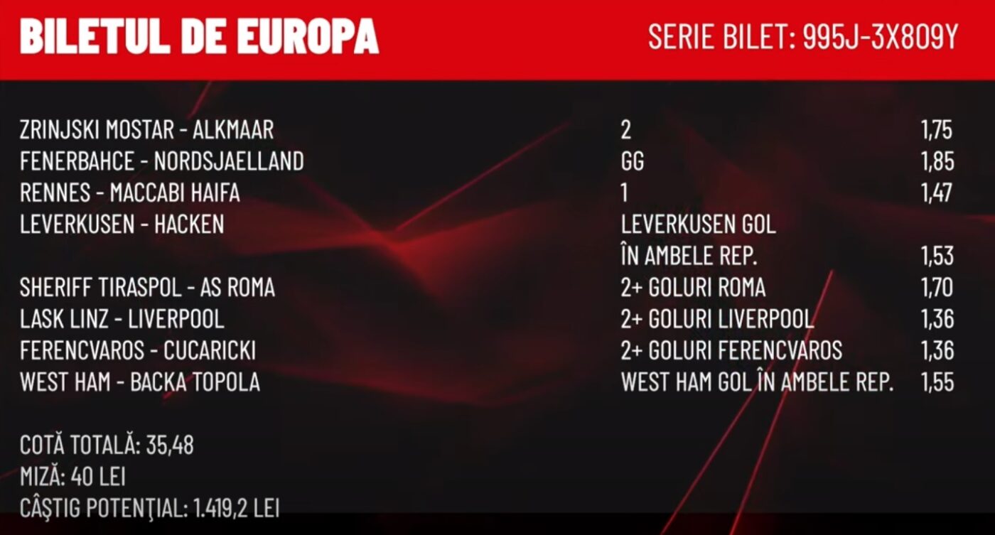Biletul de Europa, în cadrul emisiunii Pariologia, aduce o cotă de 35,48 din 8 evenimente. Goluri pe bandă rulantă în seara de joi!