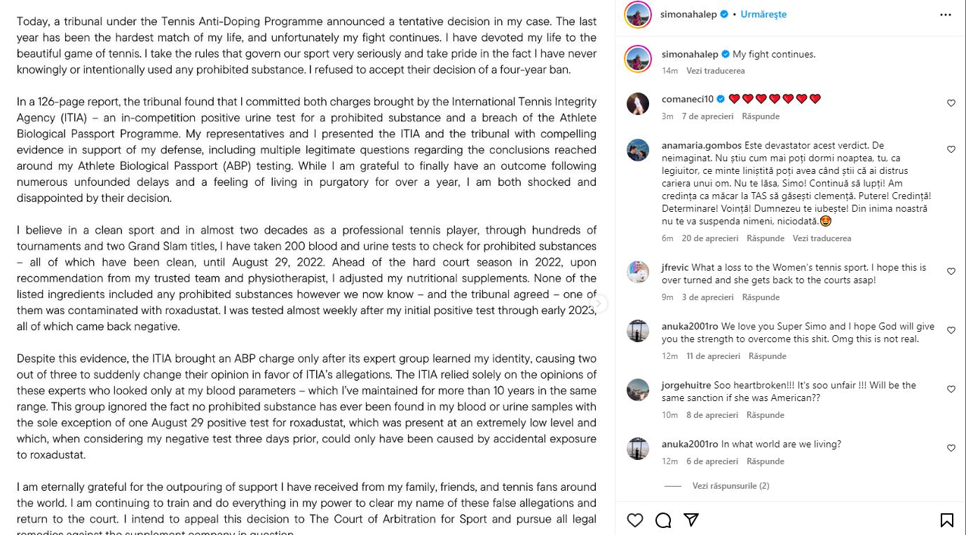 Nadia Comăneci a reacționat pe Instagram după ce Simona Halep a aflat că a primit o suspendare de 4 ani