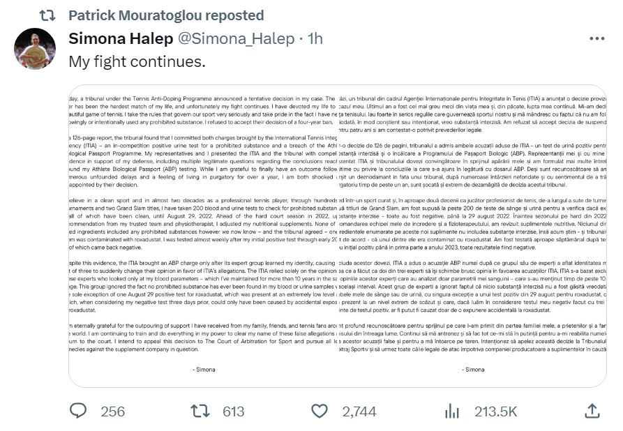 Patrick Mouratoglou a distribuit comunicatul Simonei Halep, după ce românca a fost suspendată timp de 4 ani