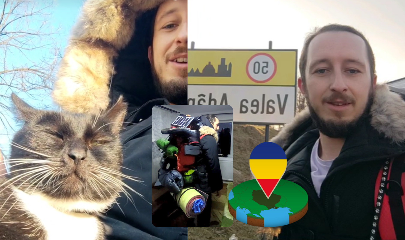 Povestea românului care a luat-o la pas prin România, alături de pisica sa! Mai are 150 km până în București: „Tinerii nu prea mai au exemple”. EXCLUSIV