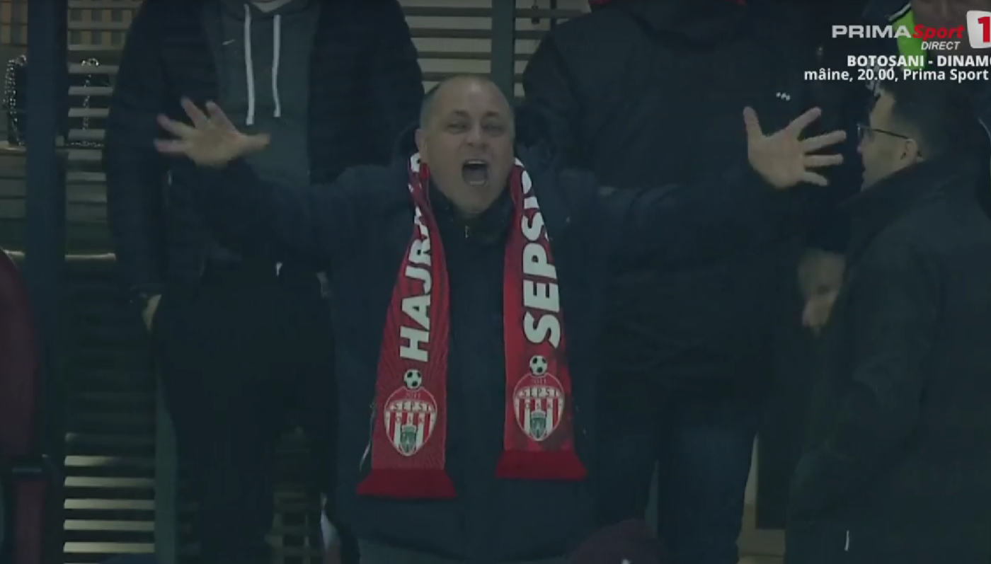 Reacția fabuloasă a lui Laszlo Dioszegi după ce Damașcan a marcat pentru 2-1 în meciul Sepsi – CFR Cluj! Era minutul 85 și patronul echipei finanțate și de guvernul Ungariei s-a dezlănțuit, fără să mai țină cont de camerele TV care îl filmau