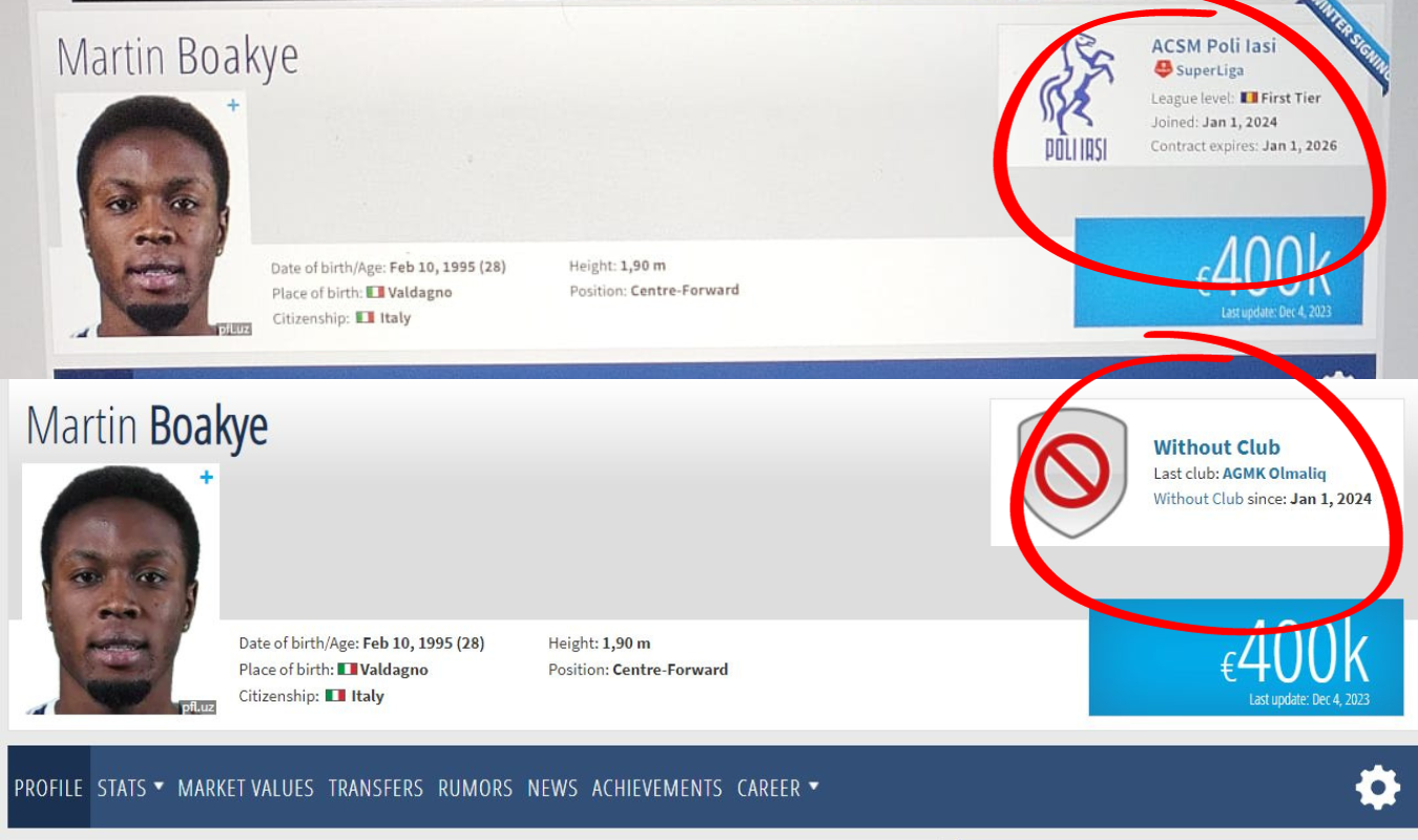 Așa apărea scris în dreptul jucătorului pe site-ul Transfermarkt înainte și după intervenția agentului