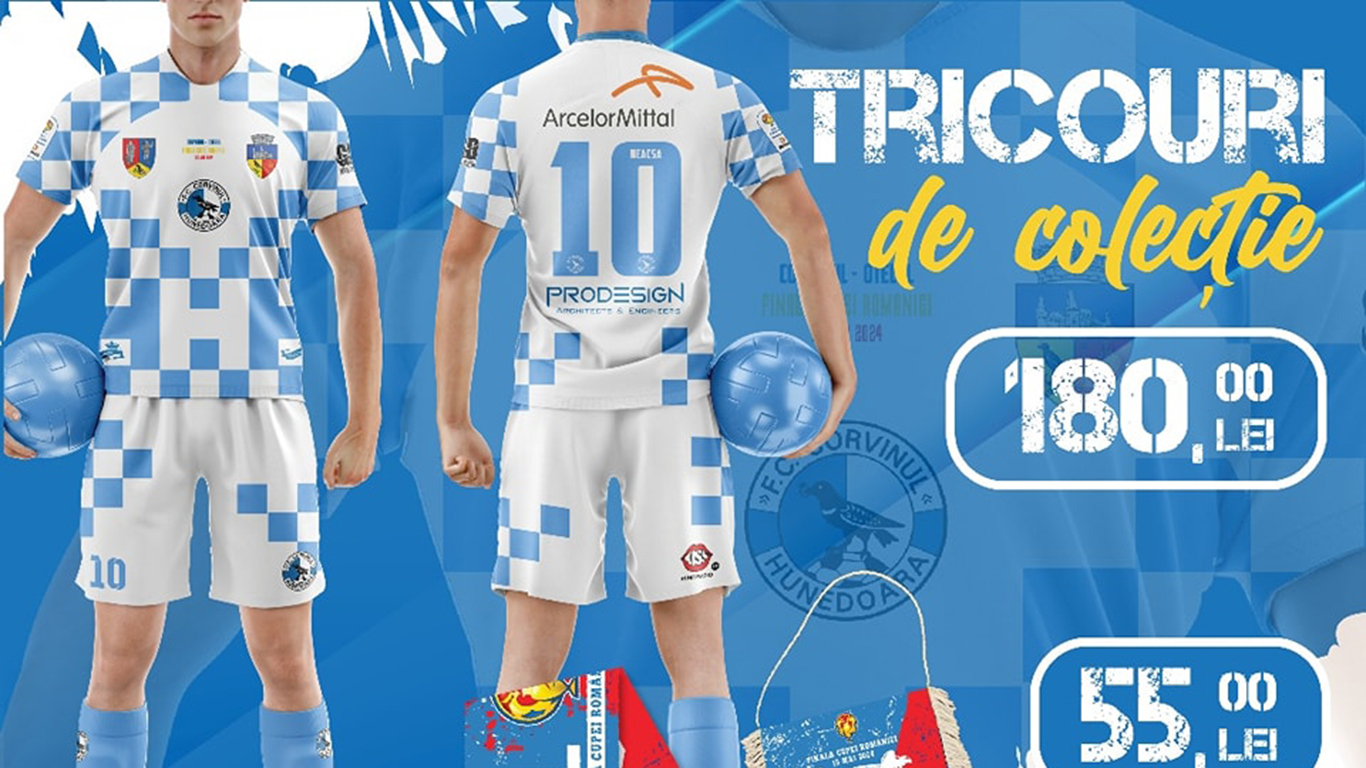 Corvinul se branduiește pentru finala Cupei României! A creat tricouri personalizate pentru jucători și suporteri, dar și alte kituri și cu însemnele Oțelului
