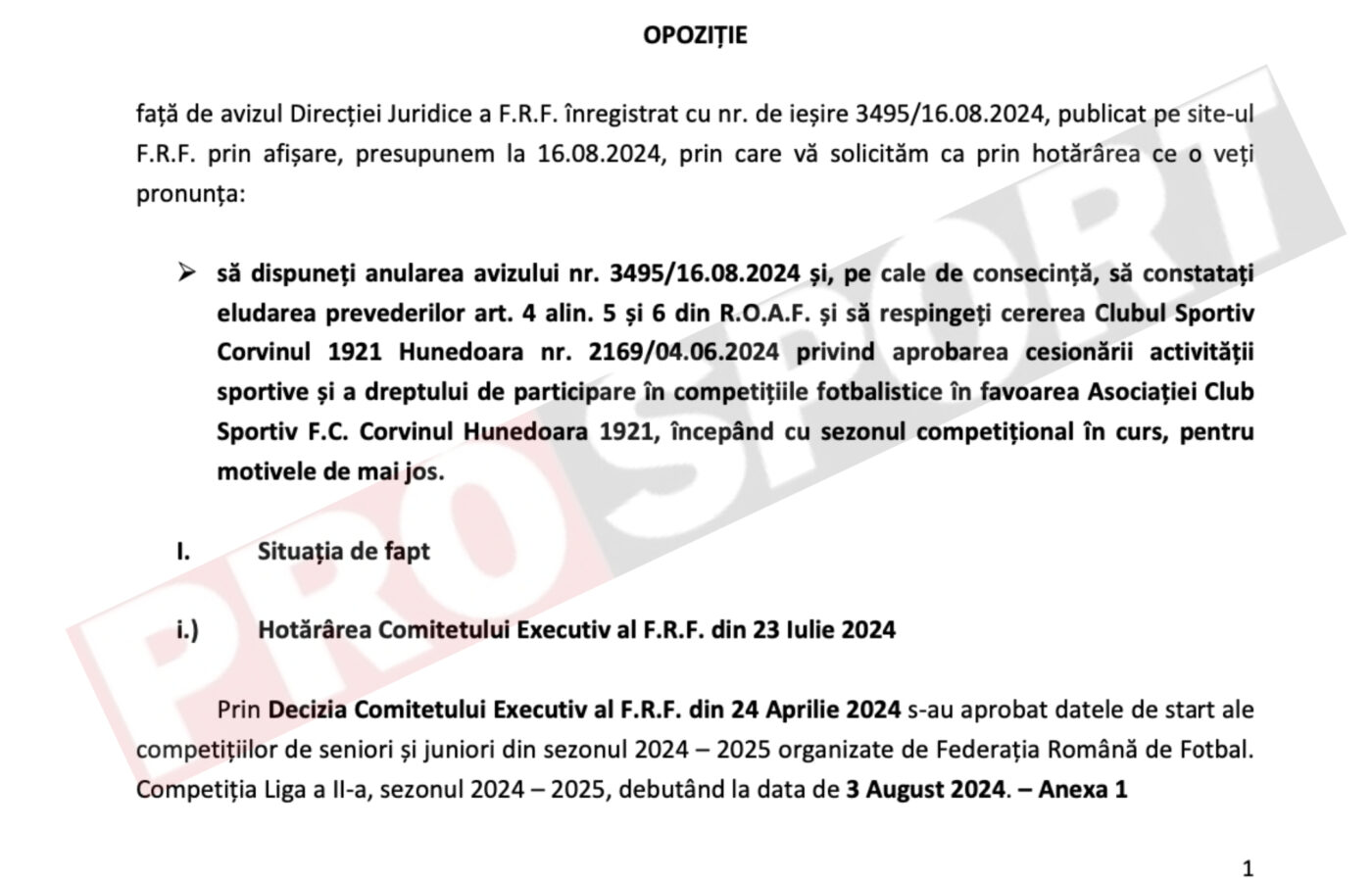 Documentul care a interzis-o pe Corvinul Hunedoara în Superliga! Ce a contestat un club din Liga 2 la FRF. EXCLUSIV