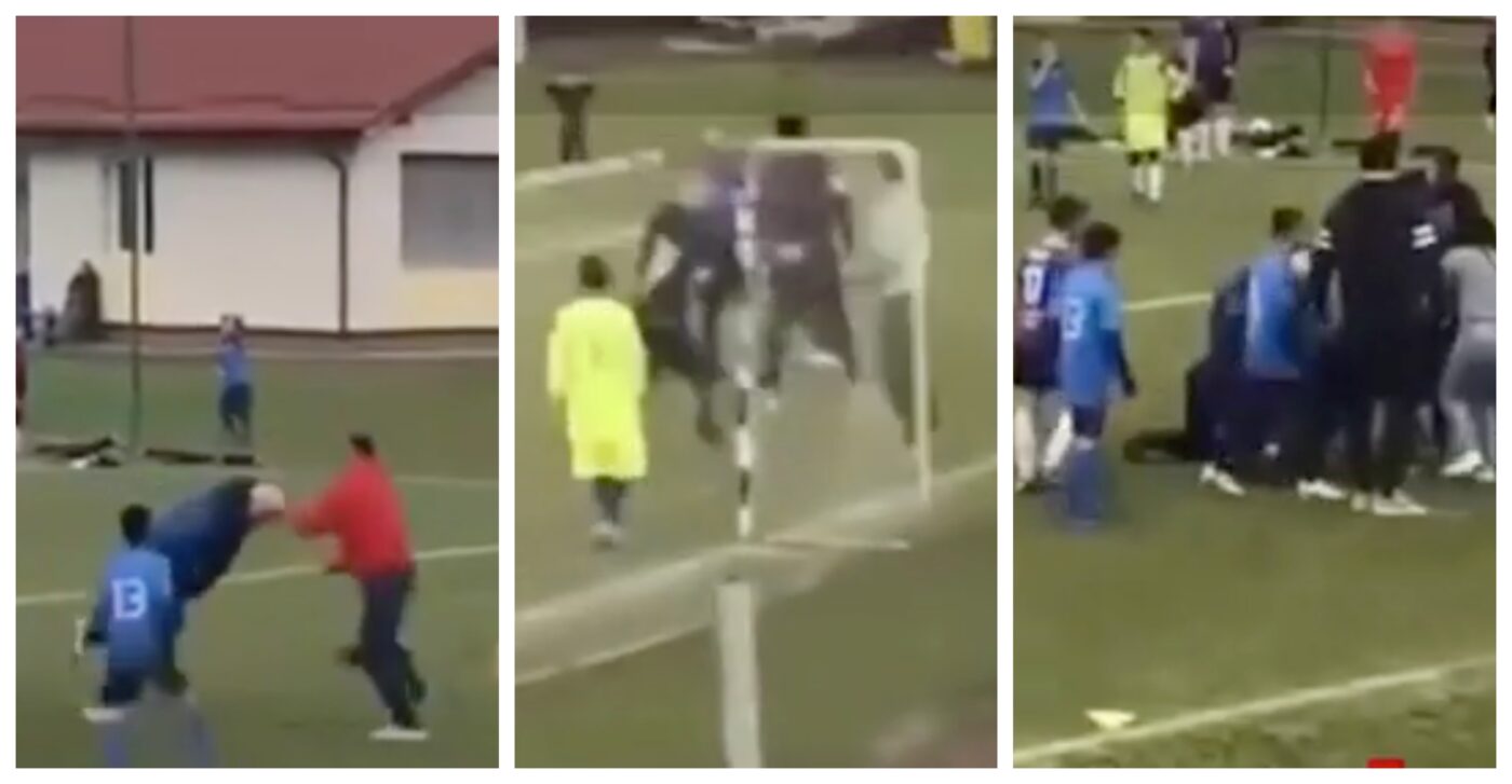Imagini scandaloase! La un meci de fotbal, părinții juniorilor s-au luat la bătaie din cauza arbitrajului, iar copiii au încercat disperați să oprească loviturile pe care adulții şi le-au dat