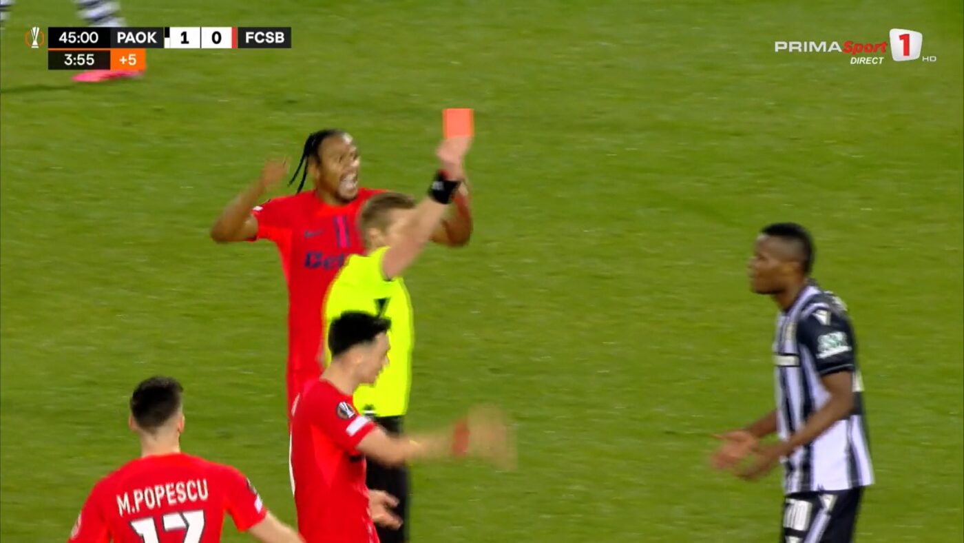 Cea mai controversată fază a meciului PAOK – FCSB: Taison a fost eliminat, după un scandal cu Ngezana şi arbitrul partidei!