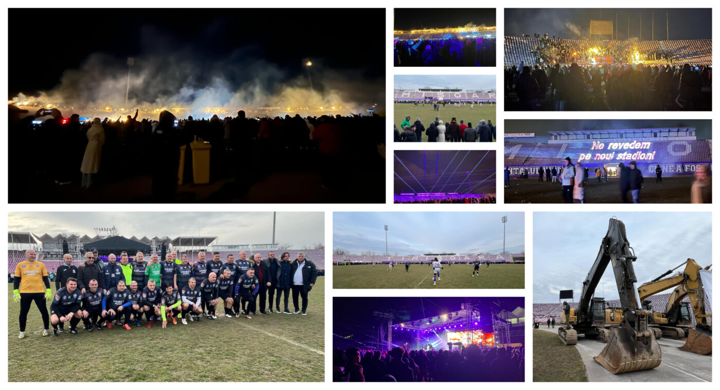 Atmosferă incendiară la evenimentul de închidere a stadionului ”Dan Păltinișanu”, care va fi demolat. Publicul a luat scaune acasă, iar imnul Politehnicii Timișoara nu s-a mai cântat