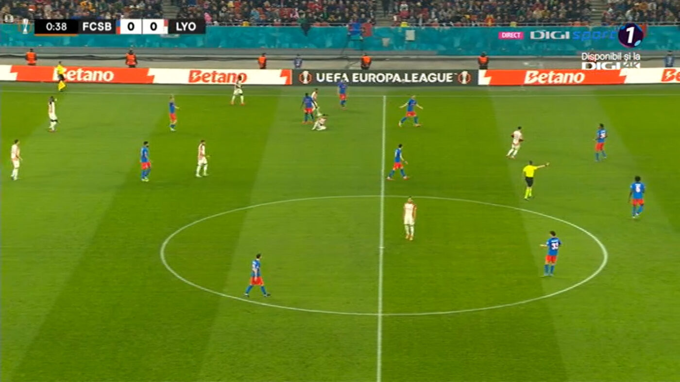 FCSB – Olympique Lyon 0-0, Live Video Online, în manșa tur a „optimilor” pentru Europa League. Prima ocazie de poartă aparține lui Miculescu