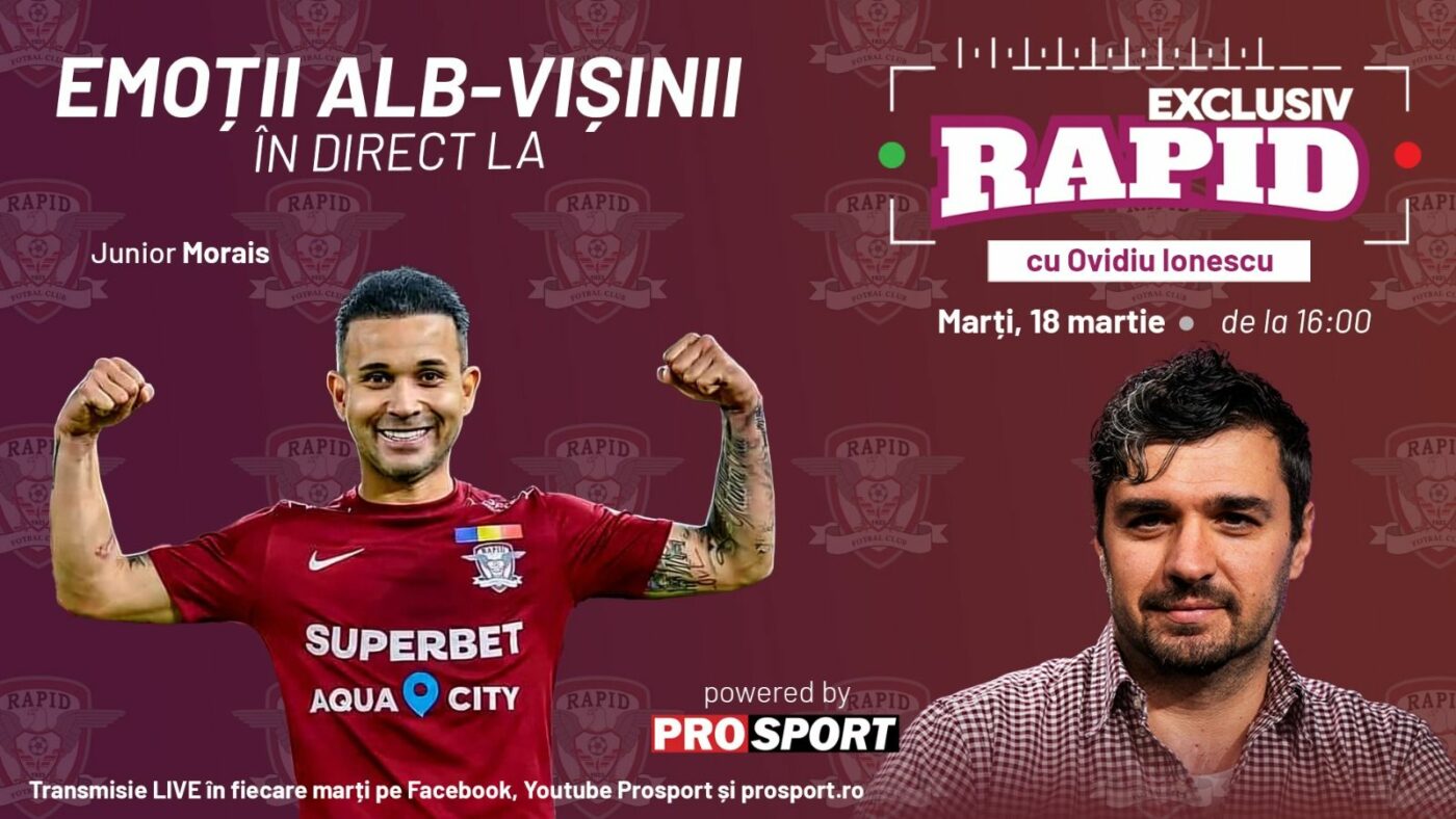 E pauză în liga 1, dar noi nu avem pauză la „EXCLUSIV RAPID”. Junior Morais vine în studio la ora 16:30 și avem câteva surprize pregătite pentru voi, rapidiștii