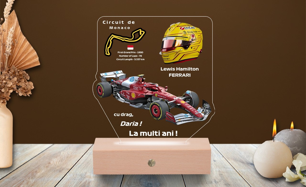 Adrenalina din Formula 1, transformată în design de lumină: Lampa LED 3D Personalizată – Ferrari Lewis Hamilton (P)